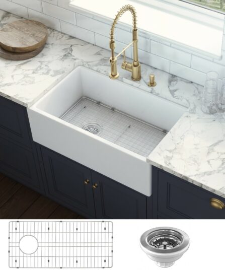 30-inch Fireclay Farmhouse Offset Drain Kitchen Sink Single Bowl White Left Drain