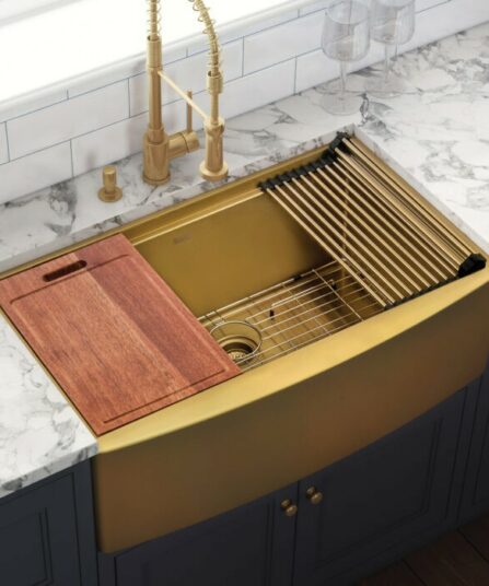 30-inch Matte Gold Workstation Apron-Front Brass Tone Stainless Steel Kitchen Sink RVH9106GG