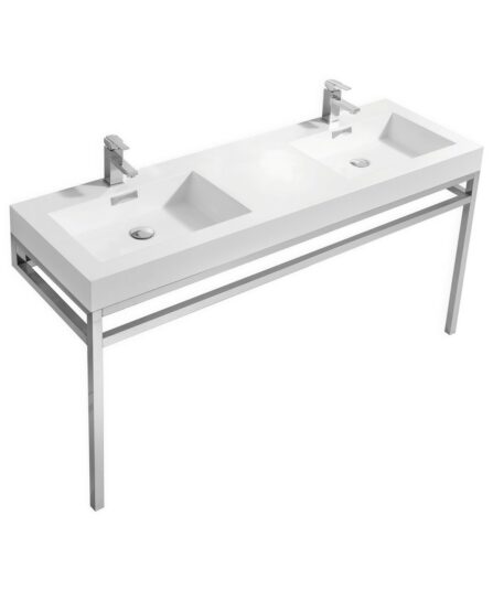Haus 60" Double Sink Stainless Steel Console w/ White Acrylic Sink - Chrome 35"H x 59.5"W x 18.75"D Bath Room Cabinets For Bathroom CH60D