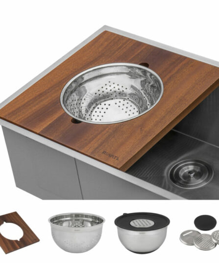 Dual-Tier Wood platform with 5 quart mixing bowl and colander (complete set) for Workstation Sinks RVA1288