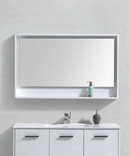 Bosco 48" Framed Mirror With Shelve - Gloss White Finish 29.5"H x 47.5"W x 5.6"D Bath Room Cabinets For Bathroom KB48GW-M