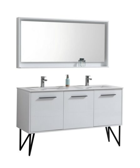 Bosco 60" Double Sink Modern Bathroom Vanity w/ Quartz Countertop and Matching Mirror 35.0"H x 59"W x 19.75"D Bath Room Cabinets For Bathroom KB60DGW