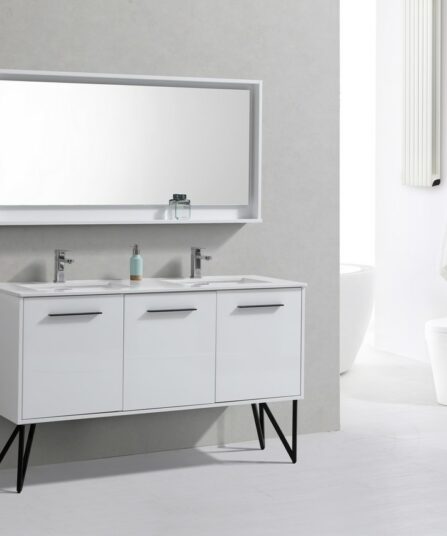Bosco 60" Double Sink Modern Bathroom Vanity w/ Quartz Countertop and Matching Mirror 35.0"H x 59"W x 19.75"D Bath Room Cabinets For Bathroom KB60DGW