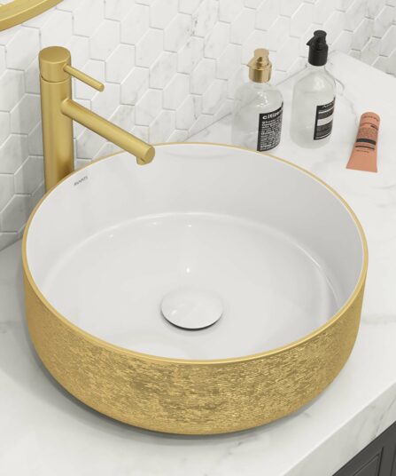14 inch Bathroom Vessel Sink Round Gold Decorative Art Above Vanity Counter White Ceramic RVB0314WG