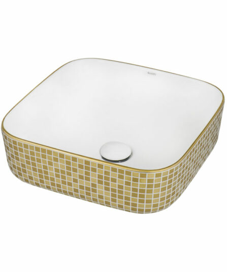 15 x 15 inch Bathroom Vessel Sink Gold Decorative Pattern Above Vanity Counter White Porcelain Ceramic