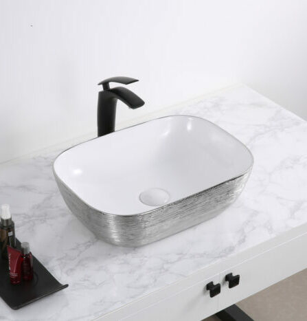 20 x 16 inch Bathroom Vessel Sink Silver Decorative Art Above Vanity Counter White Ceramic
